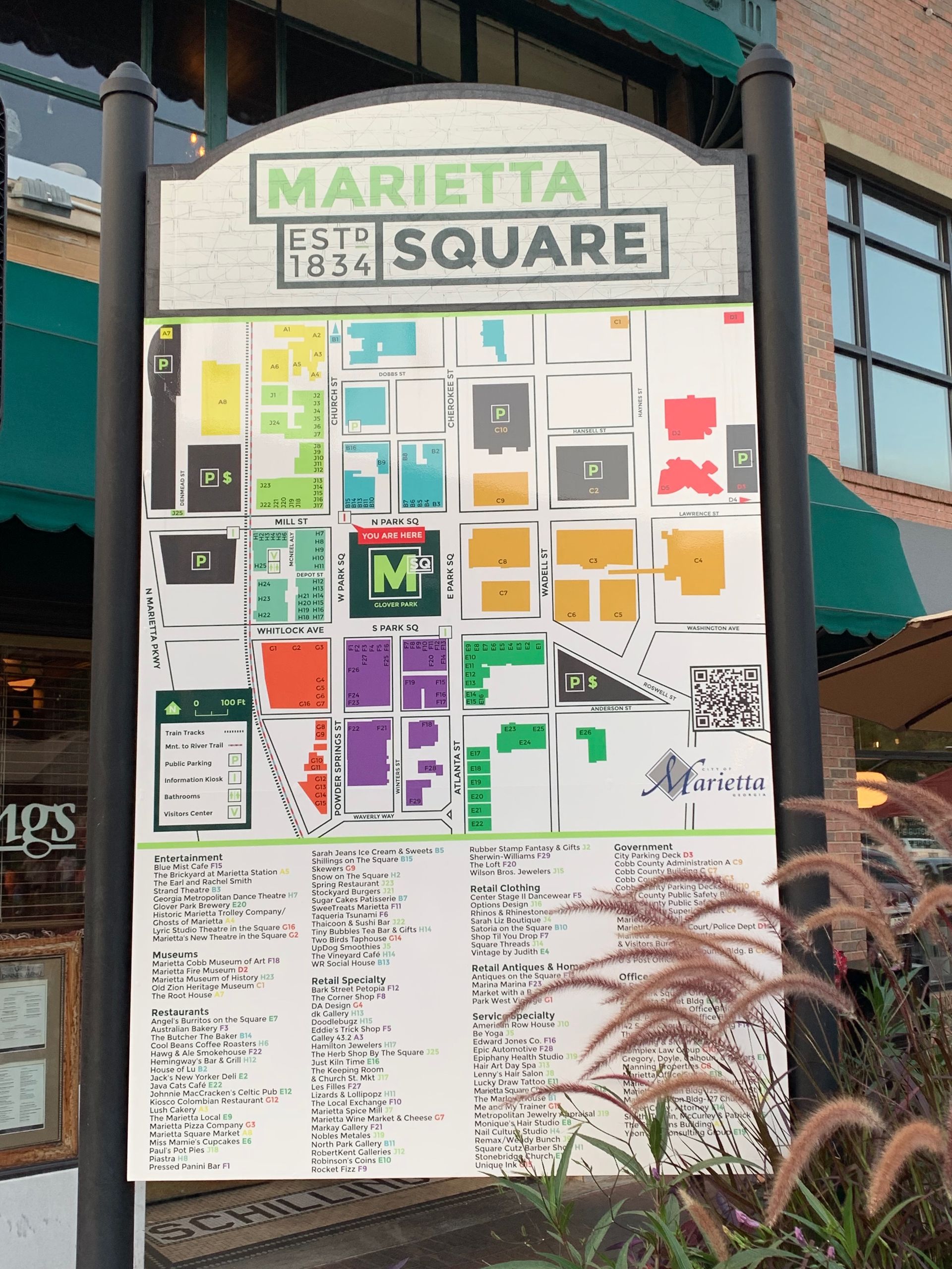 A map of marietta square is displayed on a pole