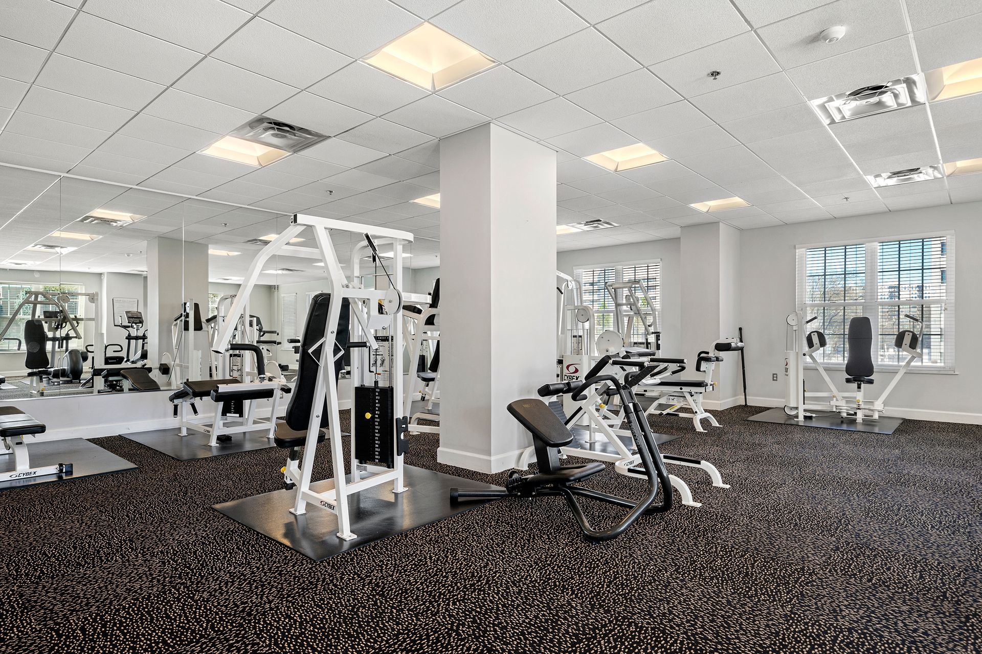 A large gym filled with lots of exercise equipment.