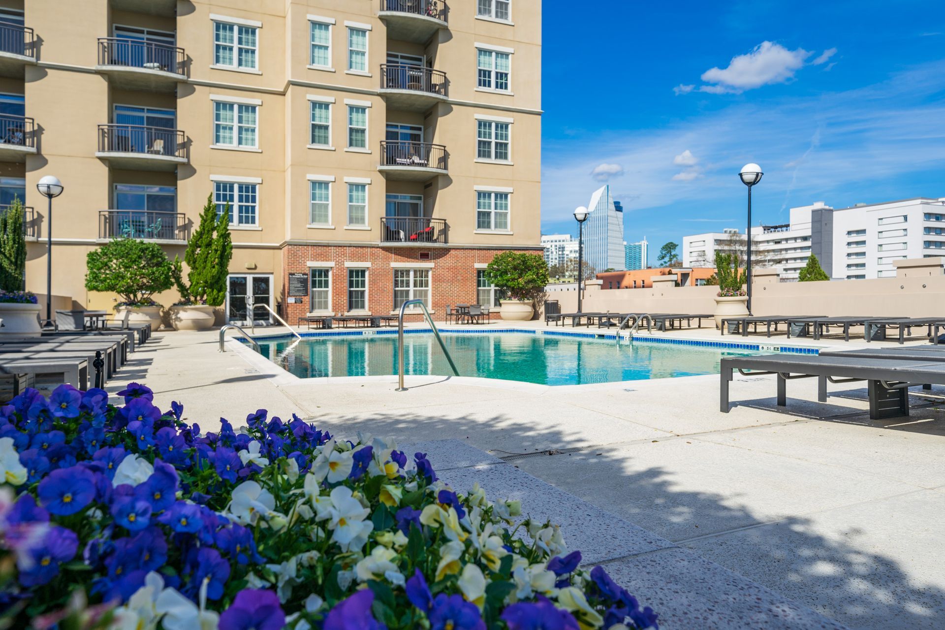 A large swimming pool in front of a building with purple flowers in the foreground.