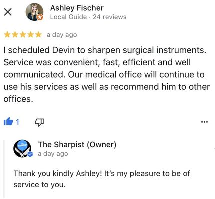 A five star review for The Sharpist A five star customer review which reads