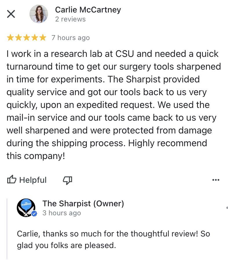 A five star review for The Sharpist which reads 