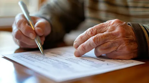 Hands writing on a document with a pen at a wooden table