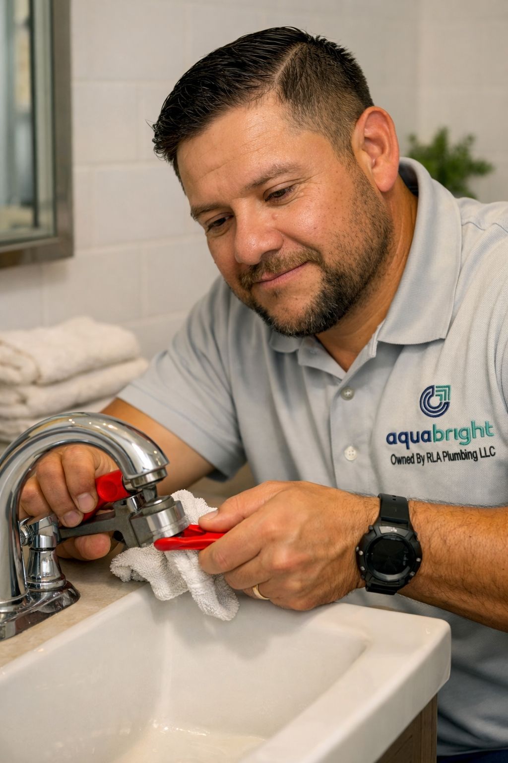 Plumber tightening a bathroom faucet with red-handled pliers over a white sink.