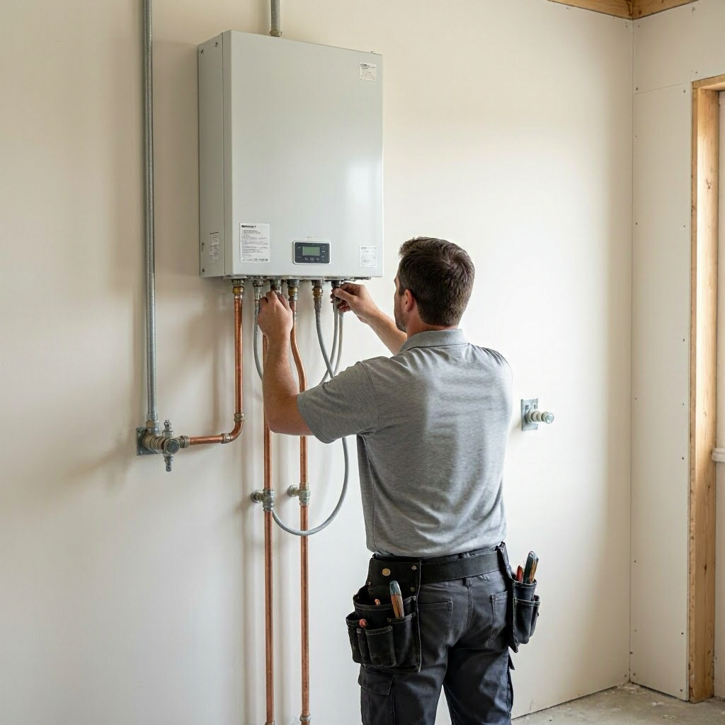 Technician inspecting a white wall-mounted boiler in a utility room, with exposed copper pipes.