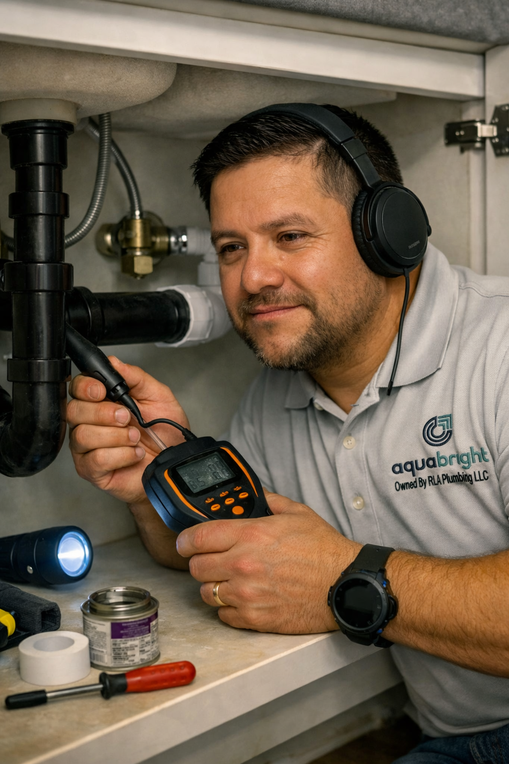 Technician inspecting plumbing with a digital meter in a utility cabinet, wearing headphones and a gray polo