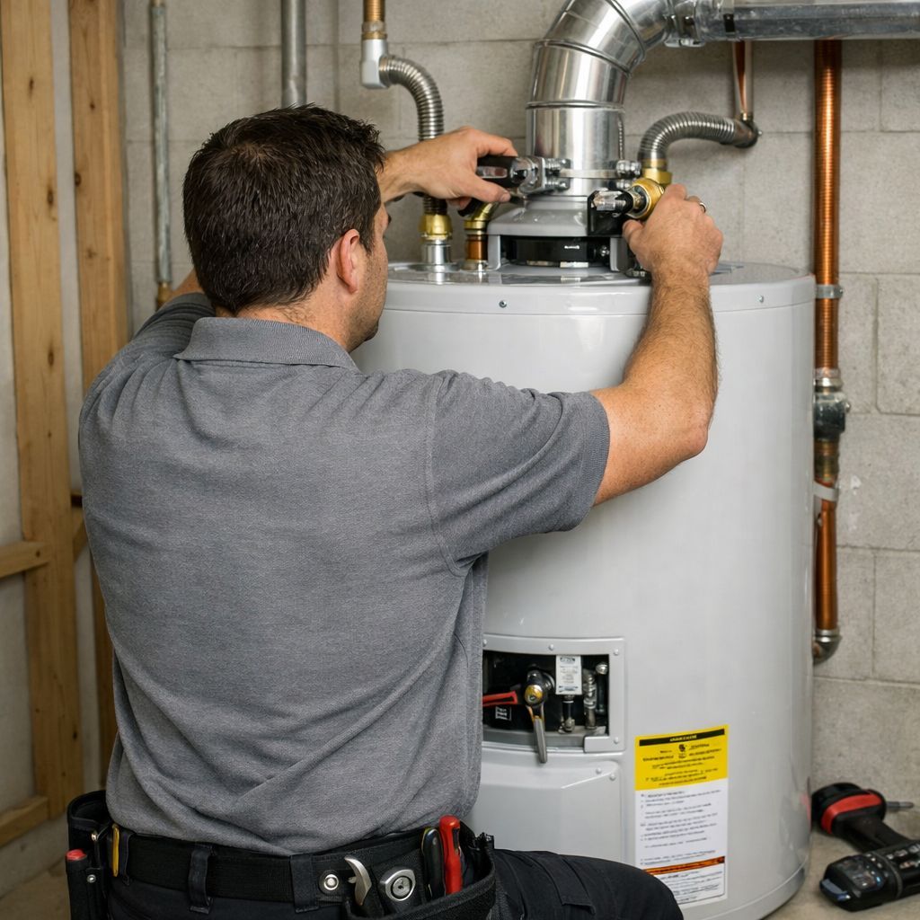 Technician installing a water heater with pipes and tools in a utility room
