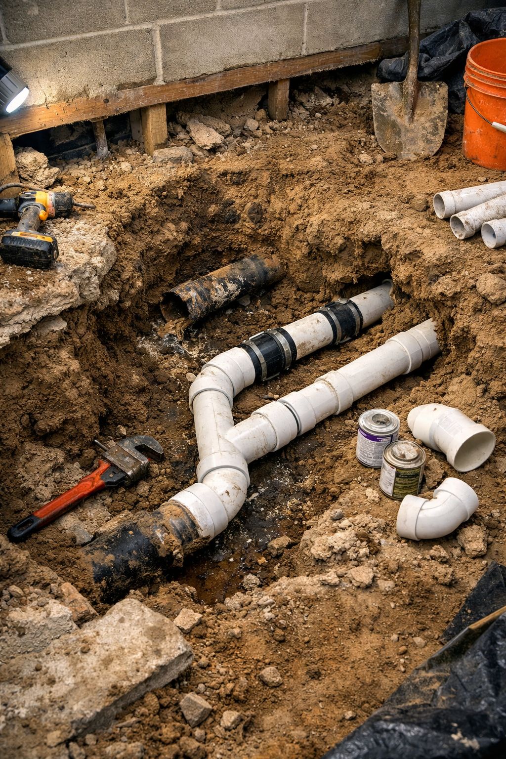 Exposed white PVC plumbing pipes in a dirt basement trench with tools nearby.