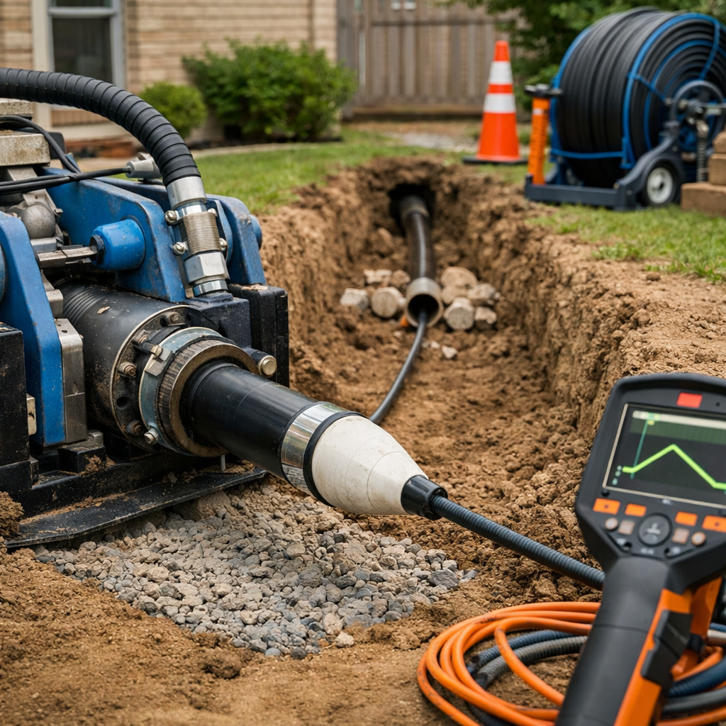 Trenchless pipe repair with blue drilling machine, orange cable reel, and inspection monitor beside an open trench