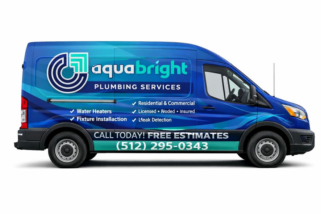 Blue Aqua Bright Plumbing Services van with company logo, phone number, and free estimates text on the side
