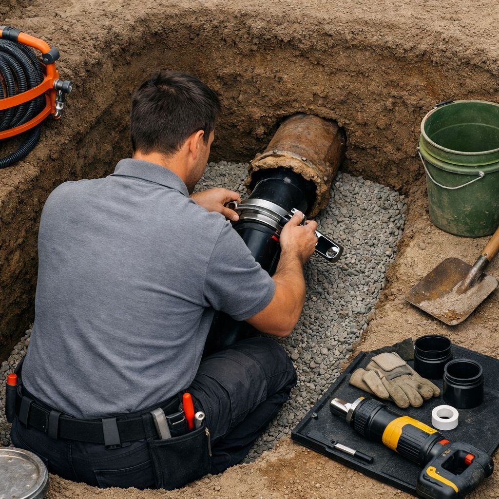 Worker repairing a buried pipe in a dirt trench with tools, gloves, and a green bucket nearby
