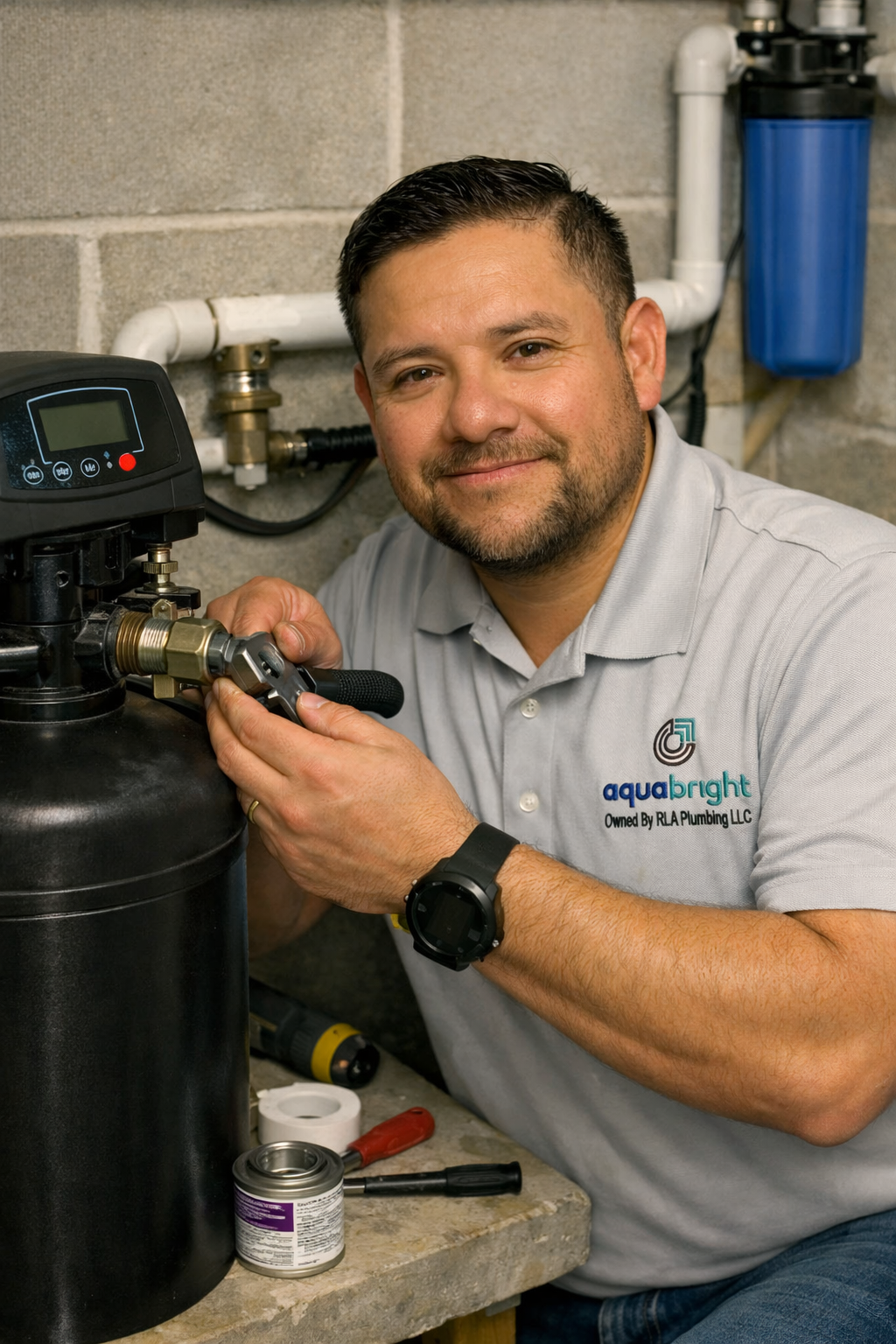 Technician smiling while adjusting a water filtration system in a utility room