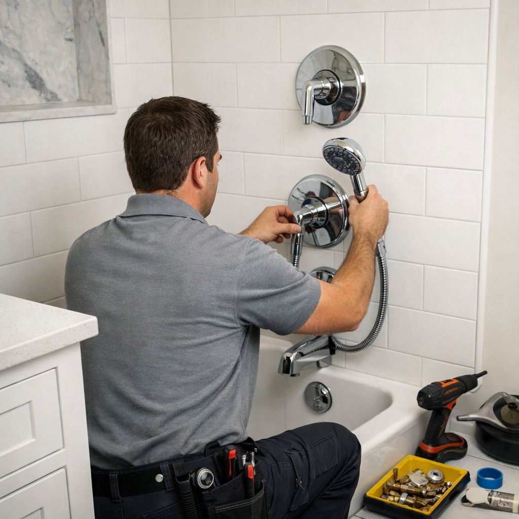 Plumber installing a chrome shower fixture above a bathtub in a white tiled bathroom.