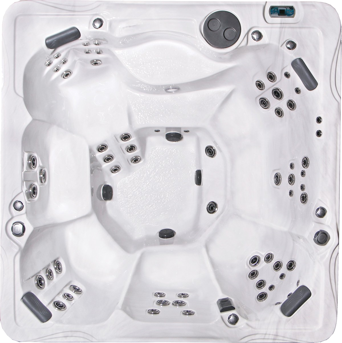 Overhead view of a white, square hot tub with multiple jets, seating areas, and control panel.