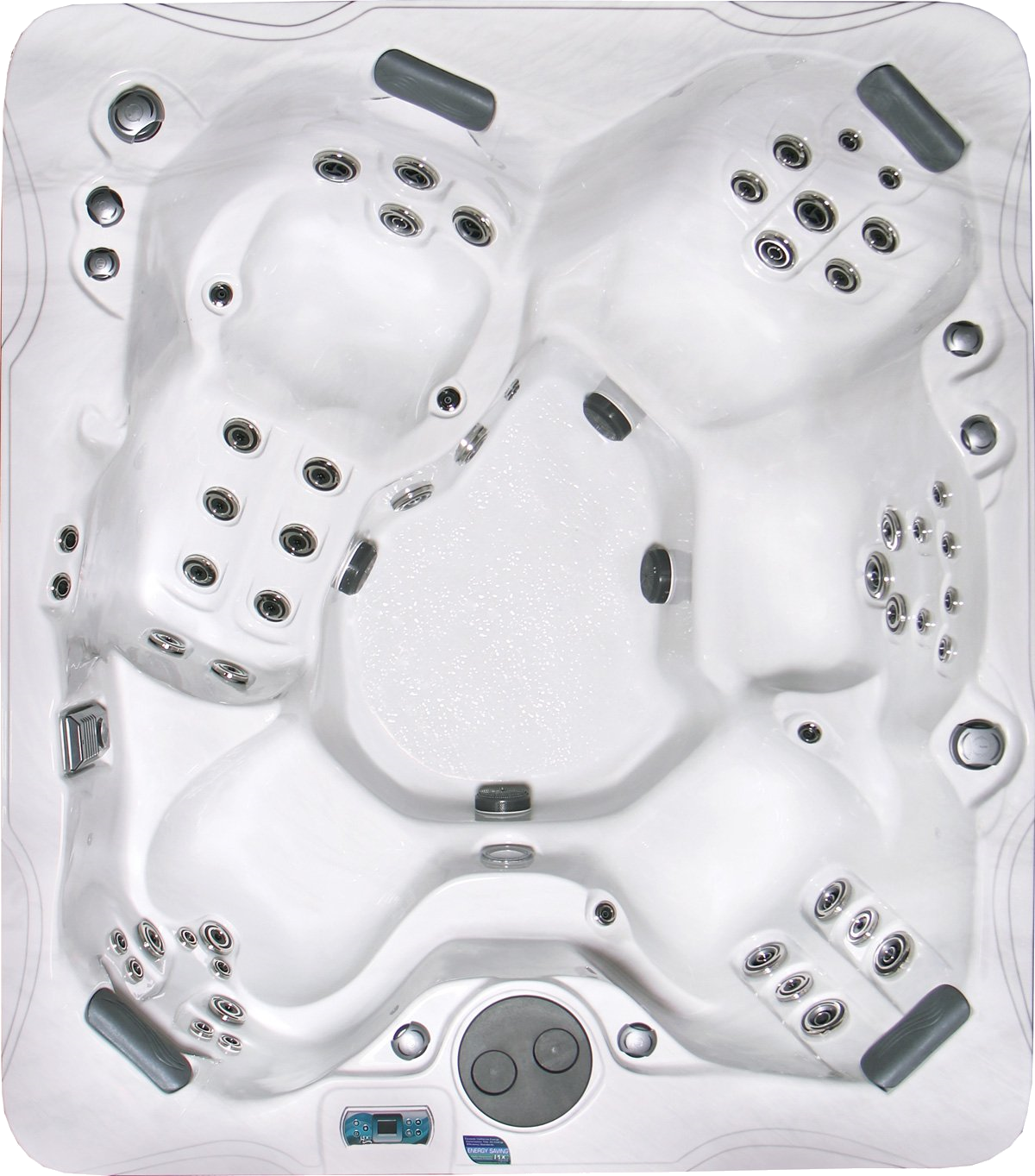 Top-down view of a white, square hot tub with multiple seating areas and jets.