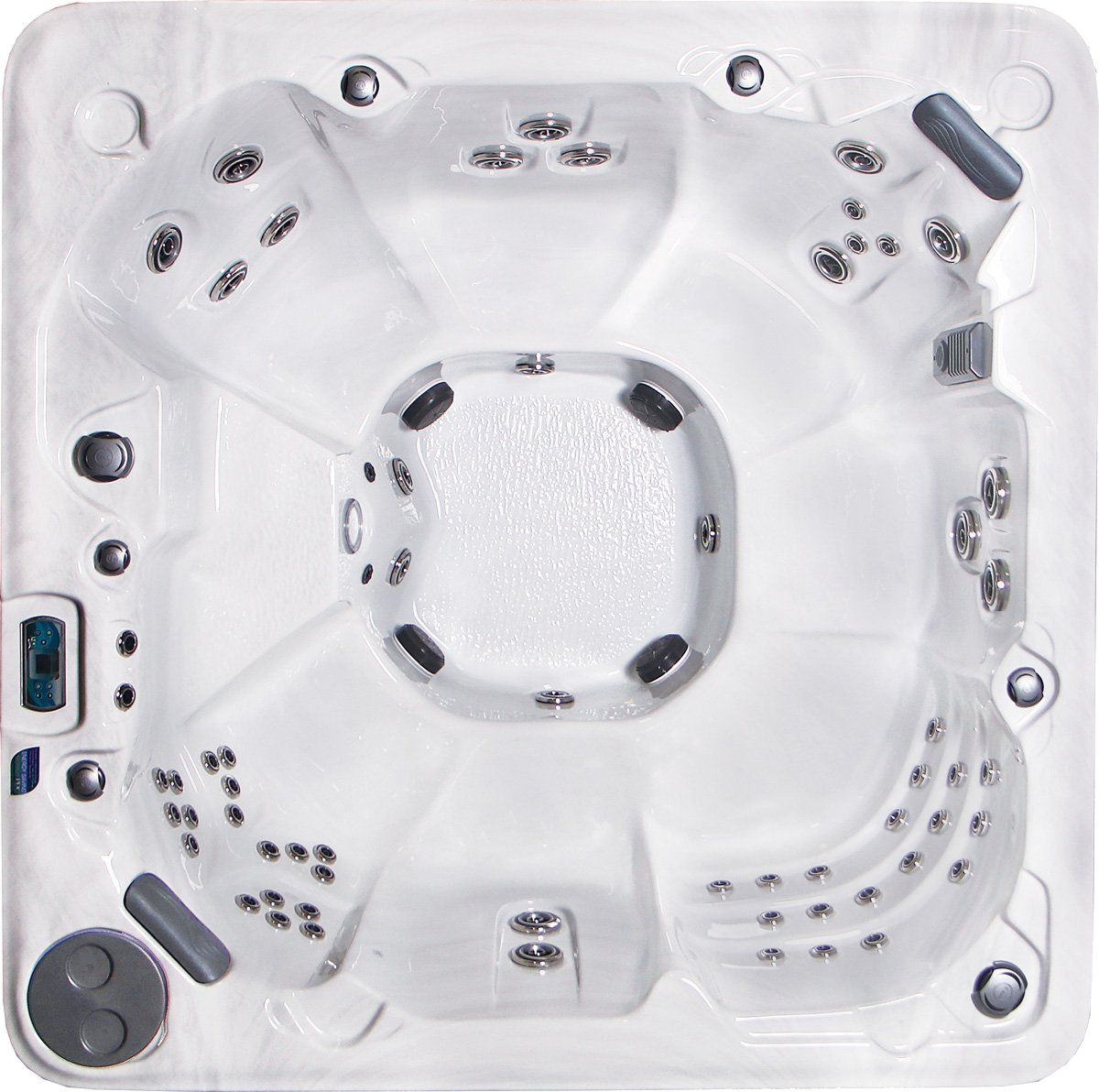 Overhead view of a white, square hot tub with multiple seating areas and jets.