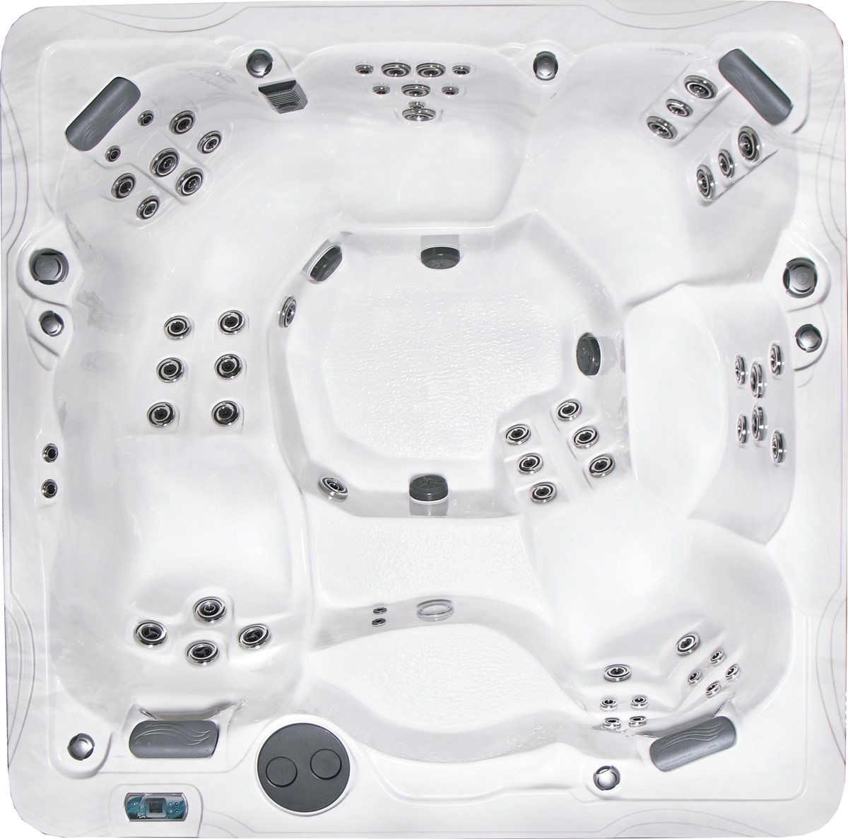 Overhead view of a white, multi-person hot tub with various jet placements and seating areas.