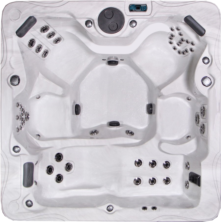 Overhead view of a white, multi-person hot tub with various jet configurations and controls.