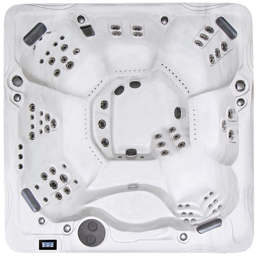 Overhead view of a white, square hot tub with multiple jets and seating areas.