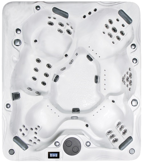Overhead view of a white, multi-person hot tub with various jet configurations.