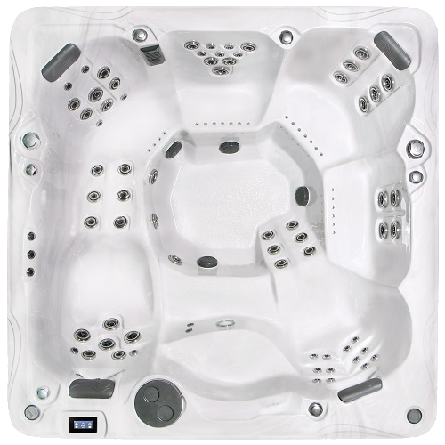Overhead view of a white hot tub with multiple seating areas and jets.