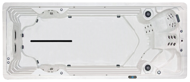 Top-down view of a rectangular, white swim spa with jets and seating areas.