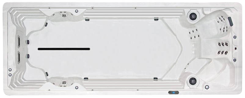 Overhead view of a white rectangular swim spa with jet seats and a swim lane.