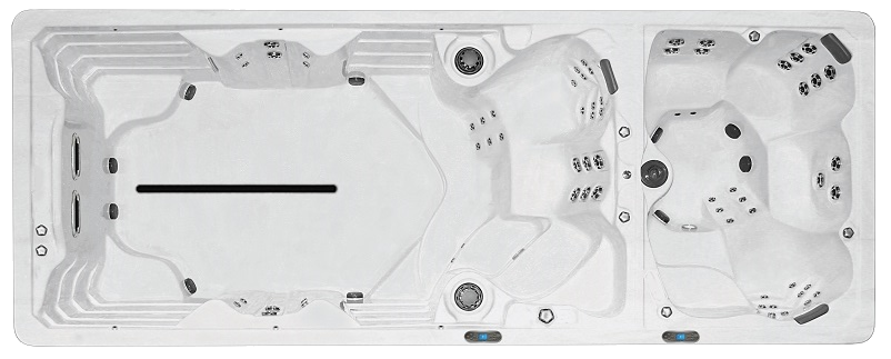 White rectangular swim spa with a swimming area and separate hot tub sections.