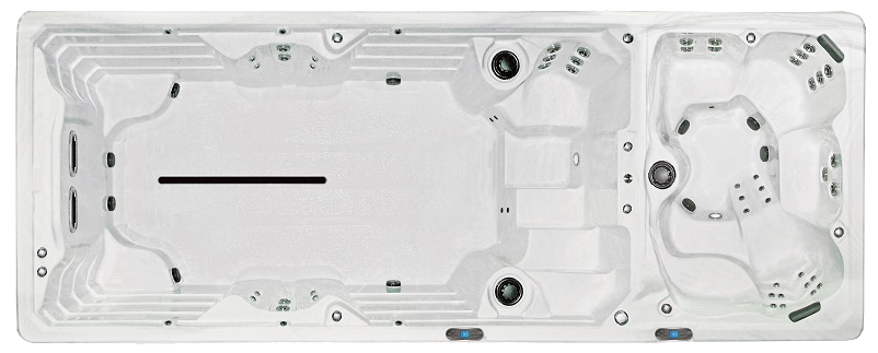 White rectangular swim spa with a swimming area and a hot tub area.