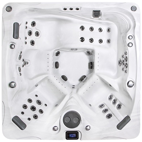 Overhead view of a white, square hot tub with multiple jets, seating areas, and a control panel.