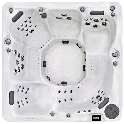 Overhead view of a white, square hot tub with multiple seating areas and jets.