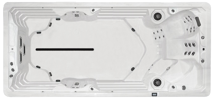 Overhead view of a white rectangular swim spa with jet seats at both ends and steps.