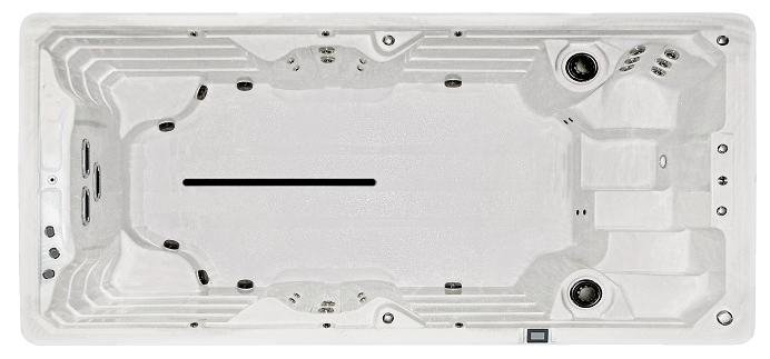A white rectangular swim spa with jets, seating, and a central swim area.