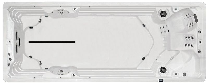 White rectangular swim spa with seating, jets, and a long swim lane.