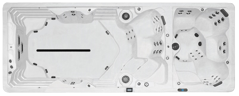 Overhead view of a white, multi-zone swim spa with a swimming area and separate hot tub sections.