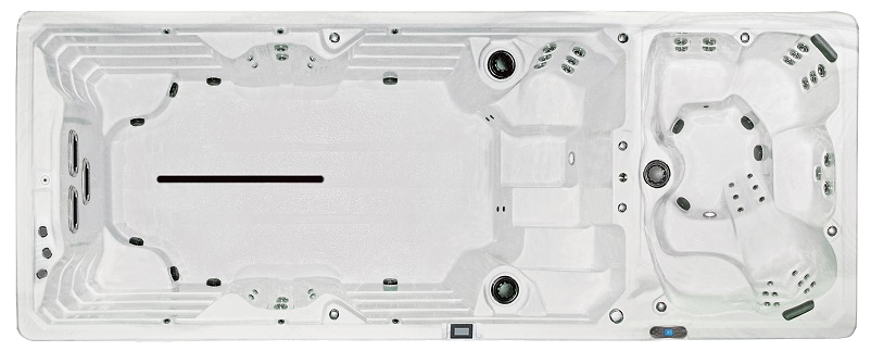 White rectangular swim spa with integrated hot tub, steps, and jets.