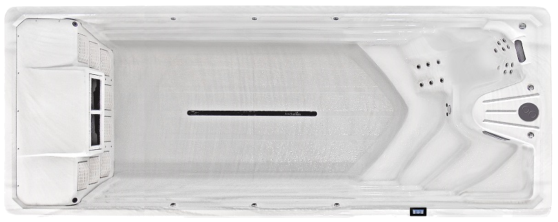Overhead view of a white swim spa with built-in seats and jets.