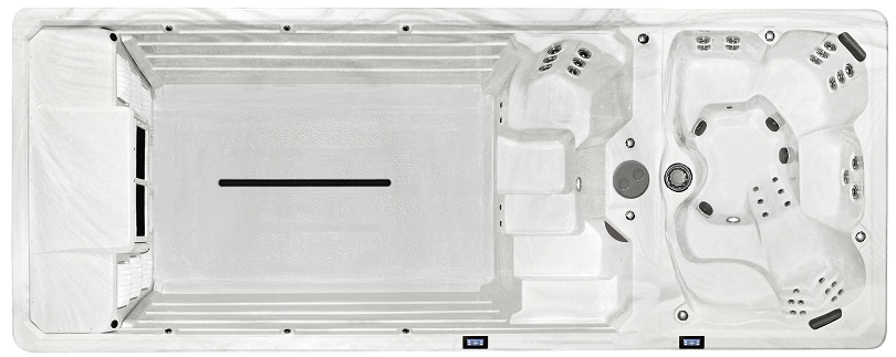 A white swim spa with a swimming area and a hot tub section with multiple seats and jets.