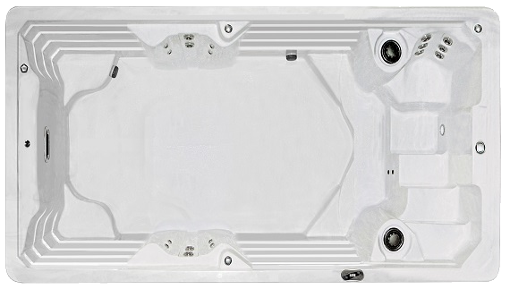 Overhead view of a rectangular swim spa with jet seats, steps, and a large swimming area. White.