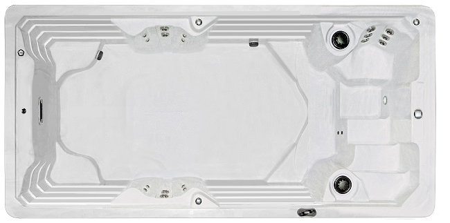 A white rectangular swim spa with jets and seating areas.