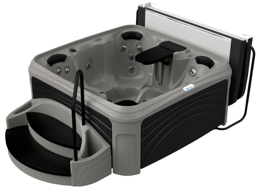 Gray and black hot tub with steps and a cover.