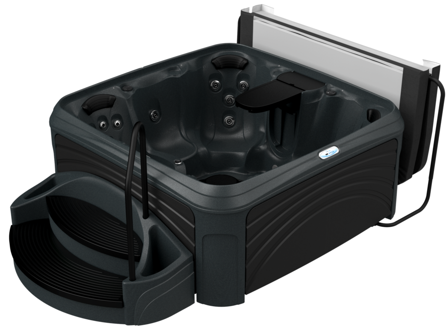 Dark gray hot tub with built-in steps and cover, outdoors.