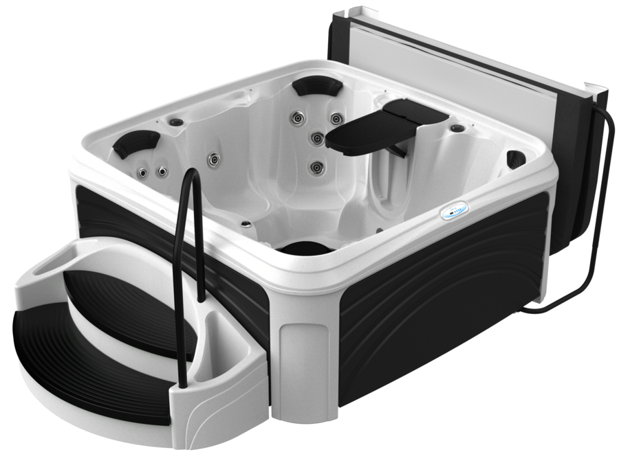 Hot tub with black and white steps, cover, and handrail, angled view.