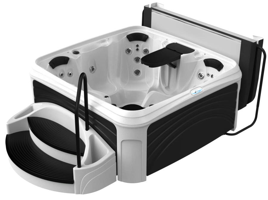 Black and white hot tub with steps and a cover.