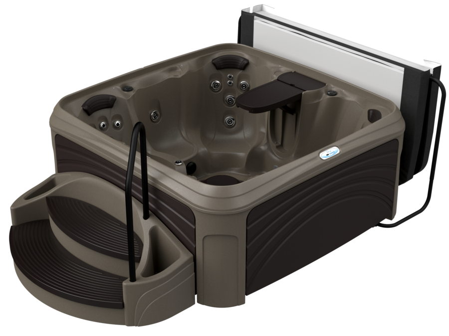 A brown and tan hot tub with steps and a cover.