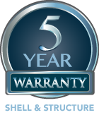 5-year warranty badge. Silver and blue, circular design. 