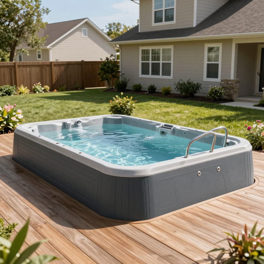 Above-ground pool on a wooden deck in a suburban backyard with a house and lawn in sunlight