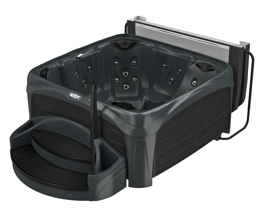 Dark gray hot tub with steps and built-in filtration system.