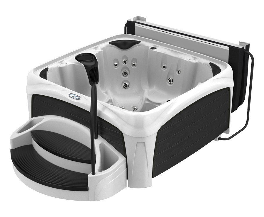 Square white hot tub with black trim, steps, and cover lifter. Interior has jets and seating.
