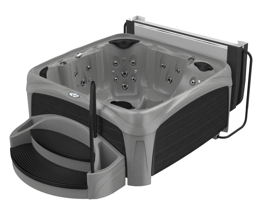 Gray and black hot tub with integrated steps and a cover lifter.