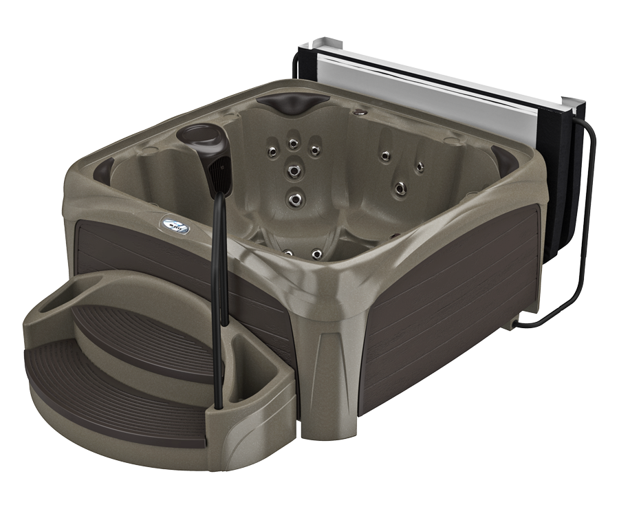 Brown and tan hot tub with built-in steps and a cover lifter.